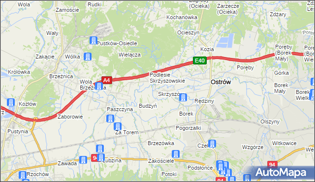 mapa Skrzyszów gmina Ostrów, Skrzyszów gmina Ostrów na mapie Targeo