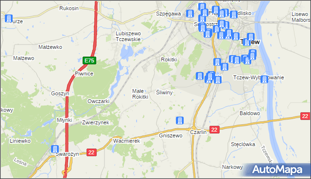 mapa Śliwiny gmina Tczew, Śliwiny gmina Tczew na mapie Targeo