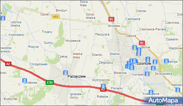 mapa Śliwniki gmina Parzęczew, Śliwniki gmina Parzęczew na mapie Targeo