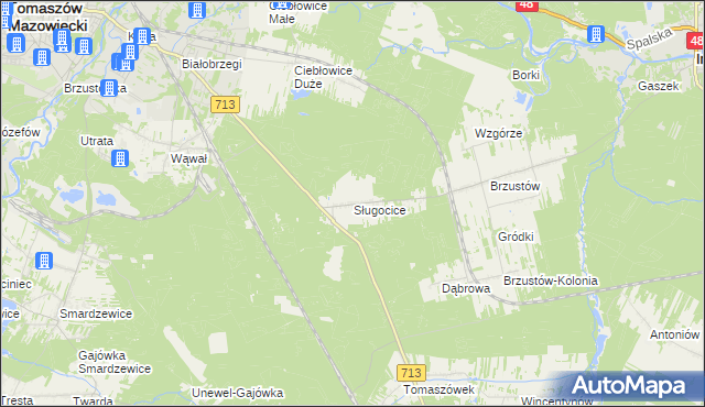 mapa Sługocice gmina Tomaszów Mazowiecki, Sługocice gmina Tomaszów Mazowiecki na mapie Targeo