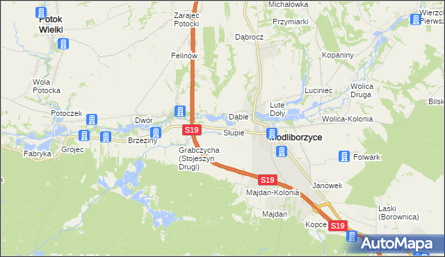 mapa Słupie gmina Modliborzyce, Słupie gmina Modliborzyce na mapie Targeo