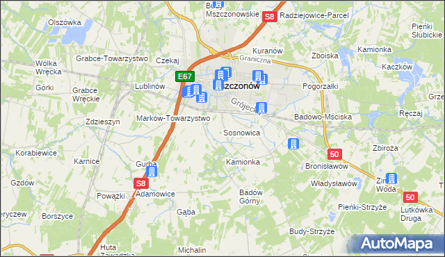 mapa Sosnowica gmina Mszczonów, Sosnowica gmina Mszczonów na mapie Targeo