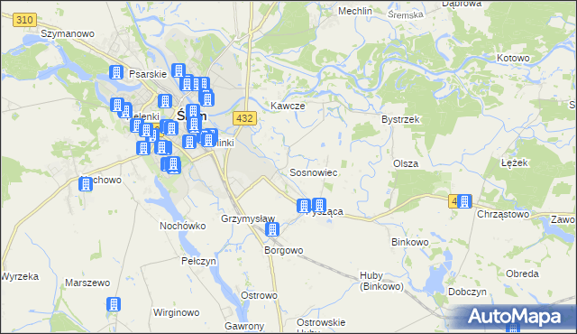 mapa Sosnowiec gmina Śrem, Sosnowiec gmina Śrem na mapie Targeo