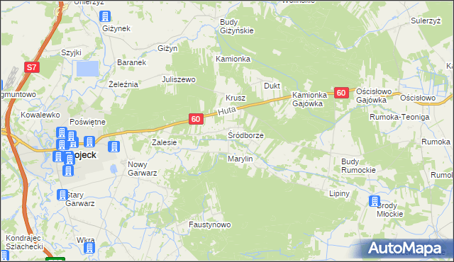 mapa Śródborze gmina Glinojeck, Śródborze gmina Glinojeck na mapie Targeo