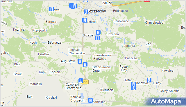 mapa Stanisławów Pierwszy gmina Szczerców, Stanisławów Pierwszy gmina Szczerców na mapie Targeo