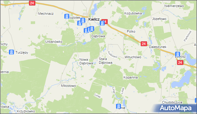 mapa Stara Dąbrowa gmina Kwilcz, Stara Dąbrowa gmina Kwilcz na mapie Targeo