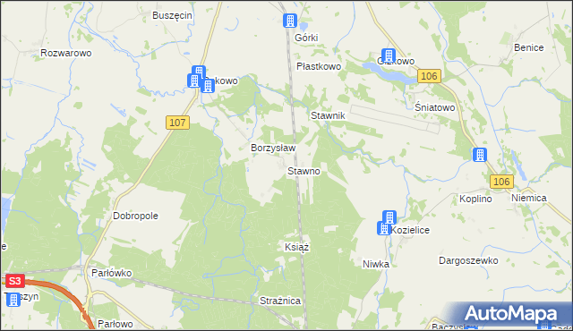 mapa Stawno gmina Kamień Pomorski, Stawno gmina Kamień Pomorski na mapie Targeo