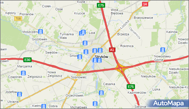 mapa Stryków powiat zgierski, Stryków powiat zgierski na mapie Targeo