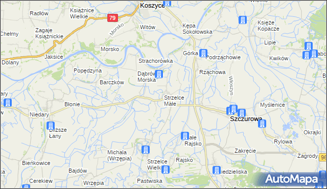 mapa Strzelce Małe gmina Szczurowa, Strzelce Małe gmina Szczurowa na mapie Targeo