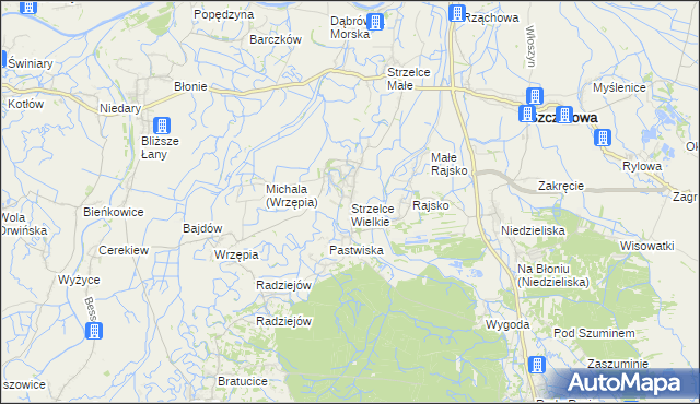 mapa Strzelce Wielkie gmina Szczurowa, Strzelce Wielkie gmina Szczurowa na mapie Targeo