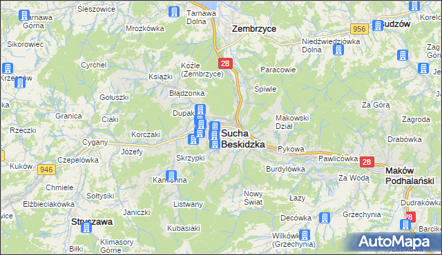 mapa Sucha Beskidzka, Sucha Beskidzka na mapie Targeo
