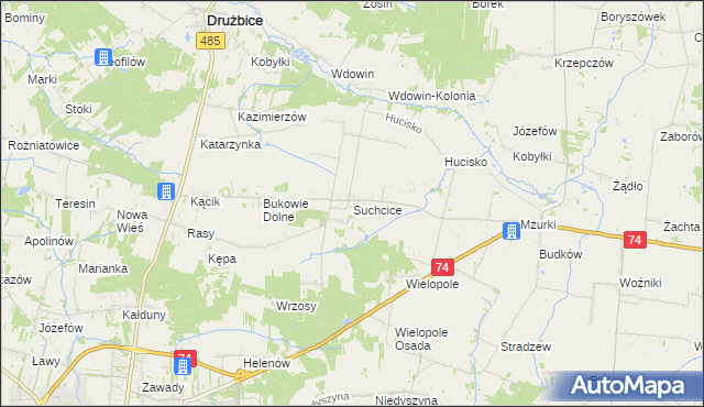 mapa Suchcice gmina Drużbice, Suchcice gmina Drużbice na mapie Targeo