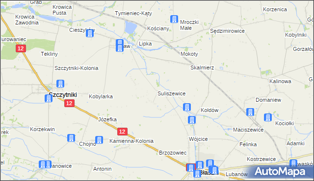 mapa Suliszewice gmina Błaszki, Suliszewice gmina Błaszki na mapie Targeo