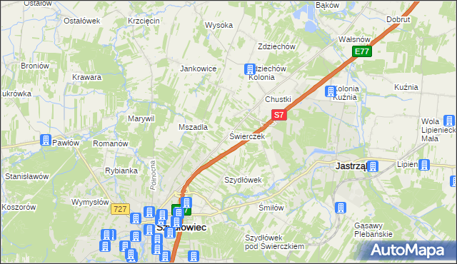 mapa Świerczek gmina Szydłowiec, Świerczek gmina Szydłowiec na mapie Targeo