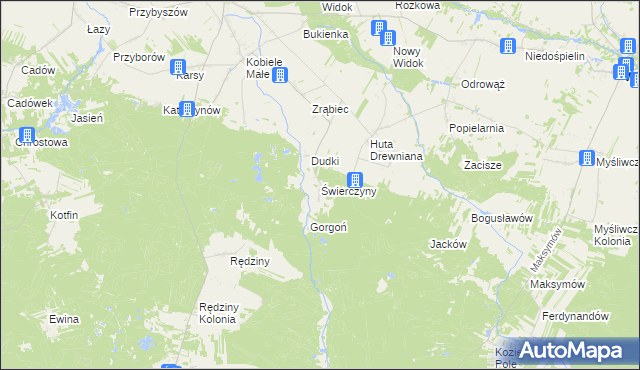 mapa Świerczyny gmina Kobiele Wielkie, Świerczyny gmina Kobiele Wielkie na mapie Targeo