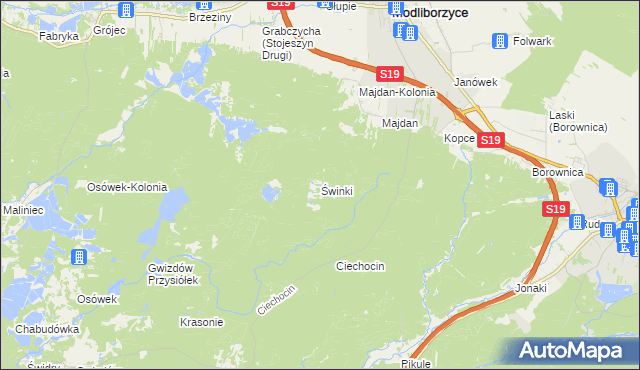 mapa Świnki gmina Modliborzyce, Świnki gmina Modliborzyce na mapie Targeo