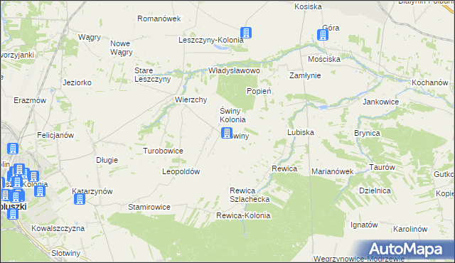 mapa Świny gmina Koluszki, Świny gmina Koluszki na mapie Targeo