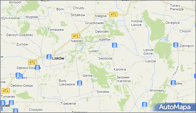 mapa Swoboda gmina Lisków, Swoboda gmina Lisków na mapie Targeo