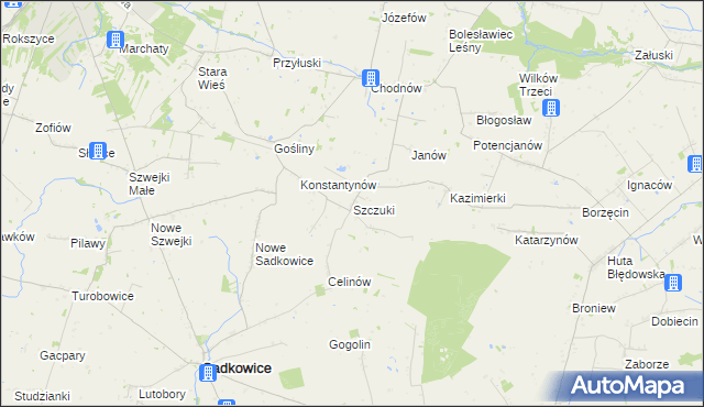 mapa Szczuki gmina Biała Rawska, Szczuki gmina Biała Rawska na mapie Targeo