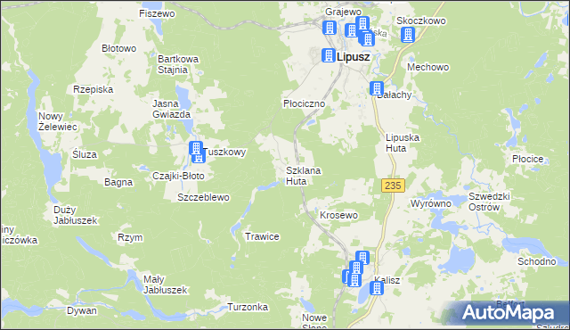 mapa Szklana Huta gmina Lipusz, Szklana Huta gmina Lipusz na mapie Targeo