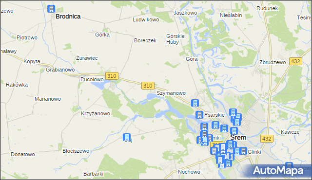 mapa Szymanowo gmina Śrem, Szymanowo gmina Śrem na mapie Targeo