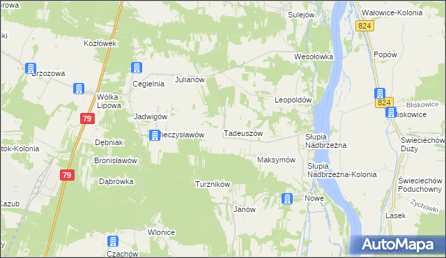 mapa Tadeuszów gmina Tarłów, Tadeuszów gmina Tarłów na mapie Targeo