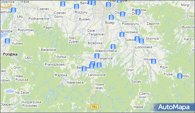 mapa Targanice, Targanice na mapie Targeo