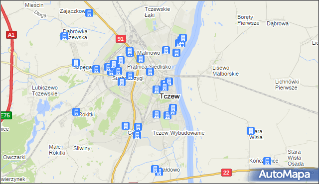 mapa Tczew, Tczew na mapie Targeo