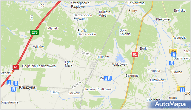 mapa Teklinów gmina Kruszyna, Teklinów gmina Kruszyna na mapie Targeo