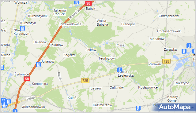 mapa Teodozjów gmina Biała Rawska, Teodozjów gmina Biała Rawska na mapie Targeo