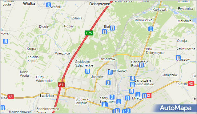 mapa Tomaszów gmina Ładzice, Tomaszów gmina Ładzice na mapie Targeo