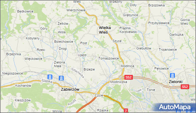 mapa Tomaszowice gmina Wielka Wieś, Tomaszowice gmina Wielka Wieś na mapie Targeo