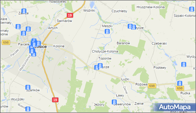mapa Toporów gmina Łosice, Toporów gmina Łosice na mapie Targeo
