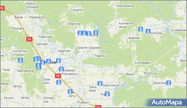 mapa Trawniki gmina Smyków, Trawniki gmina Smyków na mapie Targeo