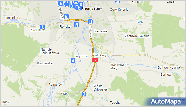 mapa Tuligłowy gmina Krasnystaw, Tuligłowy gmina Krasnystaw na mapie Targeo