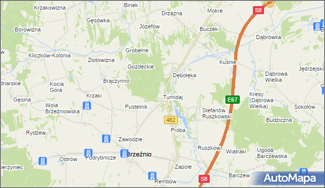 mapa Tumidaj gmina Brzeźnio, Tumidaj gmina Brzeźnio na mapie Targeo