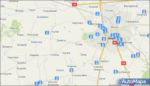 mapa Turów gmina Wieluń, Turów gmina Wieluń na mapie Targeo