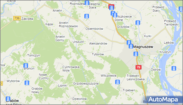 mapa Tyborów gmina Magnuszew, Tyborów gmina Magnuszew na mapie Targeo