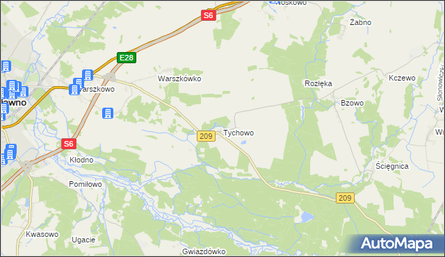 mapa Tychowo gmina Sławno, Tychowo gmina Sławno na mapie Targeo