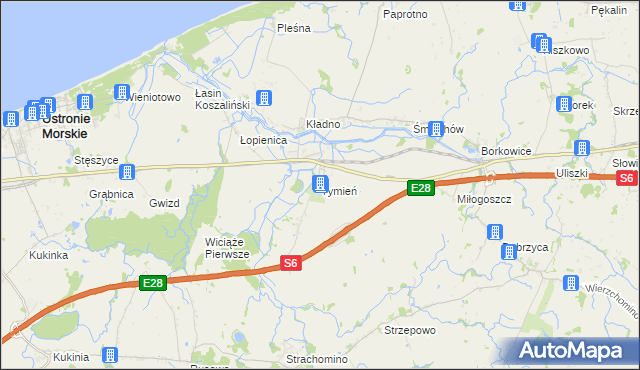 mapa Tymień gmina Będzino, Tymień gmina Będzino na mapie Targeo