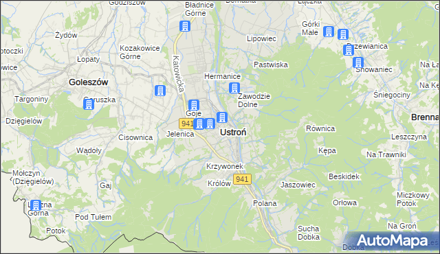 mapa Ustroń powiat cieszyński, Ustroń powiat cieszyński na mapie Targeo