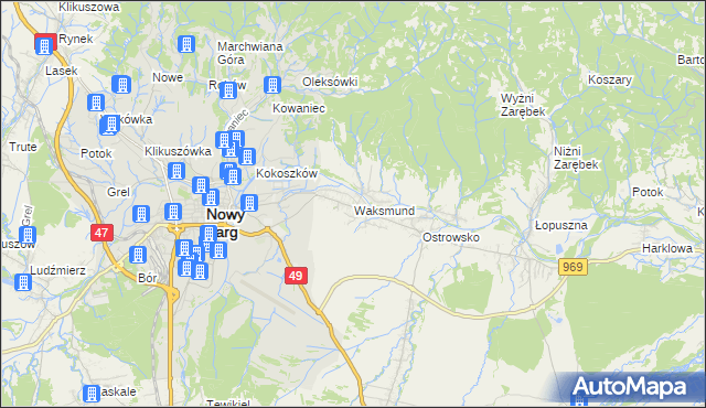 mapa Waksmund, Waksmund na mapie Targeo
