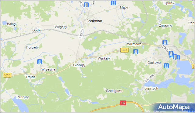 mapa Warkały gmina Jonkowo, Warkały gmina Jonkowo na mapie Targeo