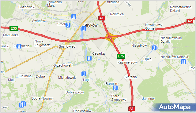 mapa Warszewice gmina Stryków, Warszewice gmina Stryków na mapie Targeo