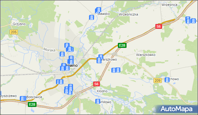 mapa Warszkowo gmina Sławno, Warszkowo gmina Sławno na mapie Targeo