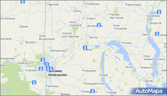 mapa Wełna gmina Janowiec Wielkopolski, Wełna gmina Janowiec Wielkopolski na mapie Targeo