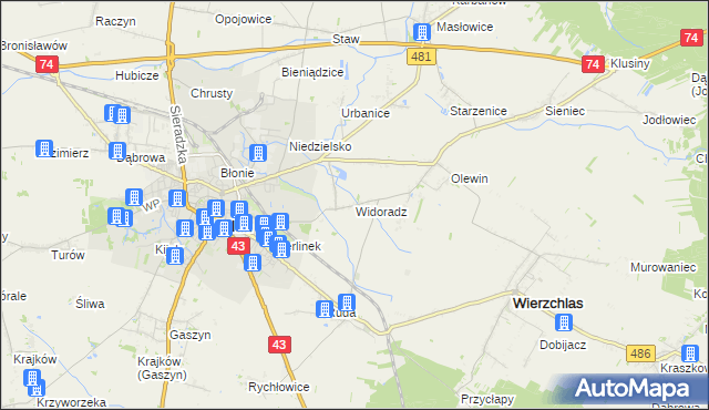 mapa Widoradz, Widoradz na mapie Targeo