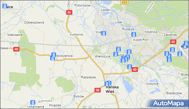 mapa Większyce, Większyce na mapie Targeo