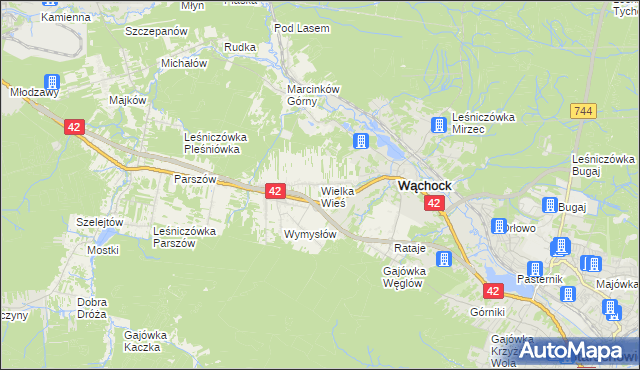 mapa Wielka Wieś gmina Wąchock, Wielka Wieś gmina Wąchock na mapie Targeo