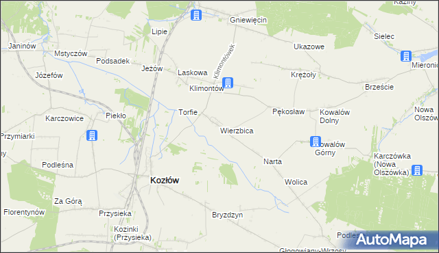 mapa Wierzbica gmina Kozłów, Wierzbica gmina Kozłów na mapie Targeo